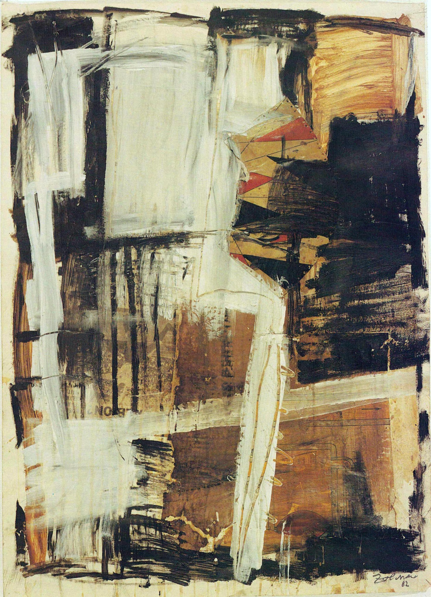Abstraktes Bild mit Collage, Asche und Dispersionsfarbe auf Papier