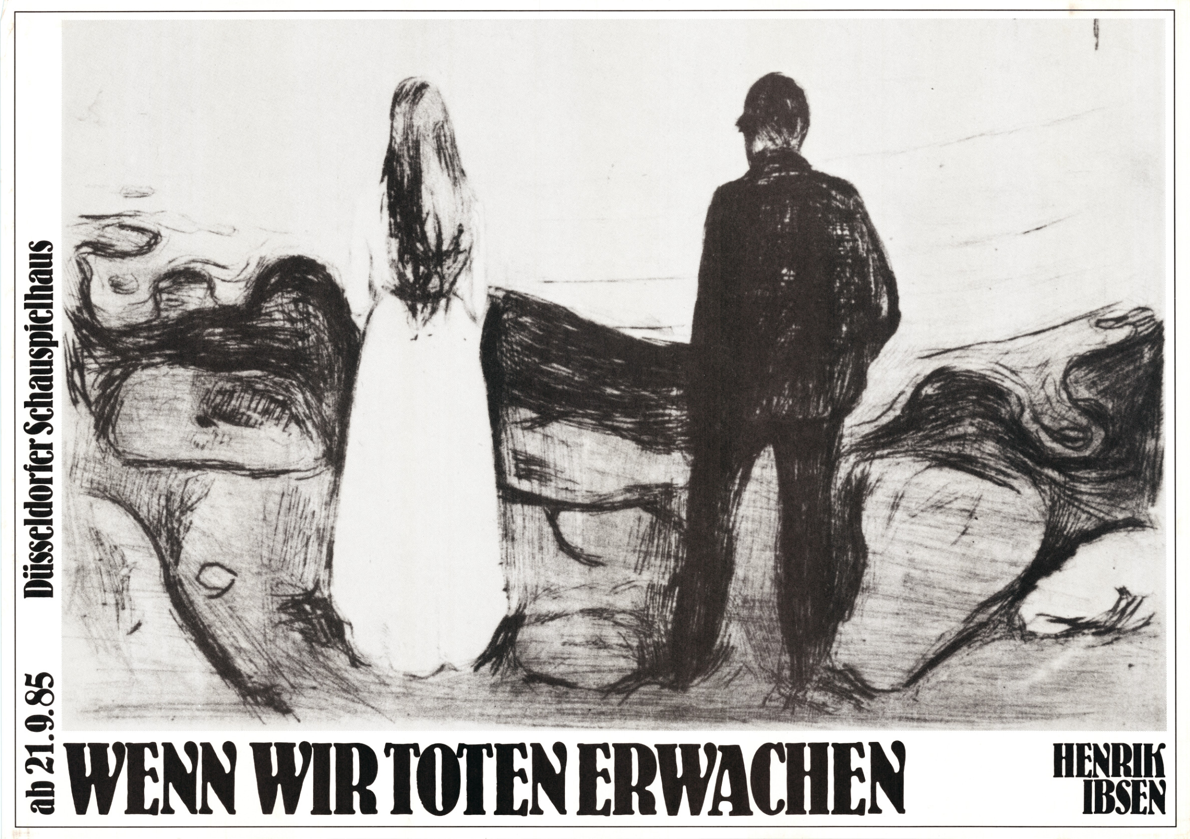 schwarz-weißes Schriftplakat mit der Abbildung einer Graphik von Edward Munch, das ein entfernt nebeneinander stehendes Paar in Rückenansicht vor bewegter Landschaft zeigt