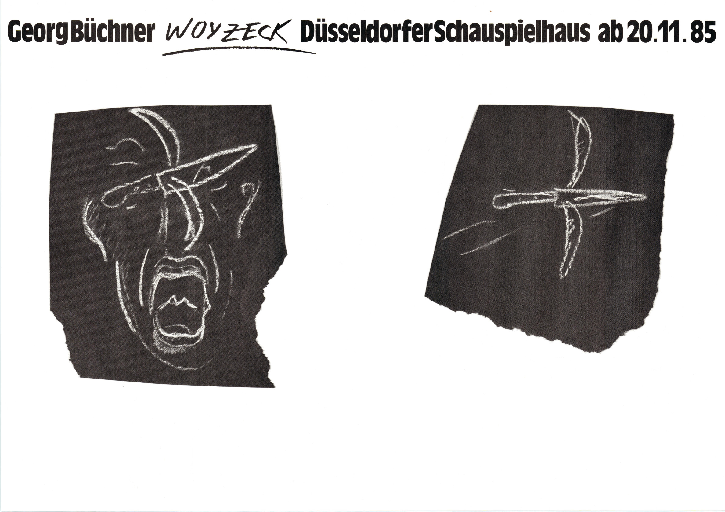 schwarz-weißes Schriftplakat mit der Abbildung eines gezeichneten fliegenden Messers sowie eines angedeuteten Gesichts mit aufgerissenem Mund, davor das fliegende Messer; beide Zeichnungen sind weiß auf schwarzem Papierausriss vor dem weißen Plakathintergrund
