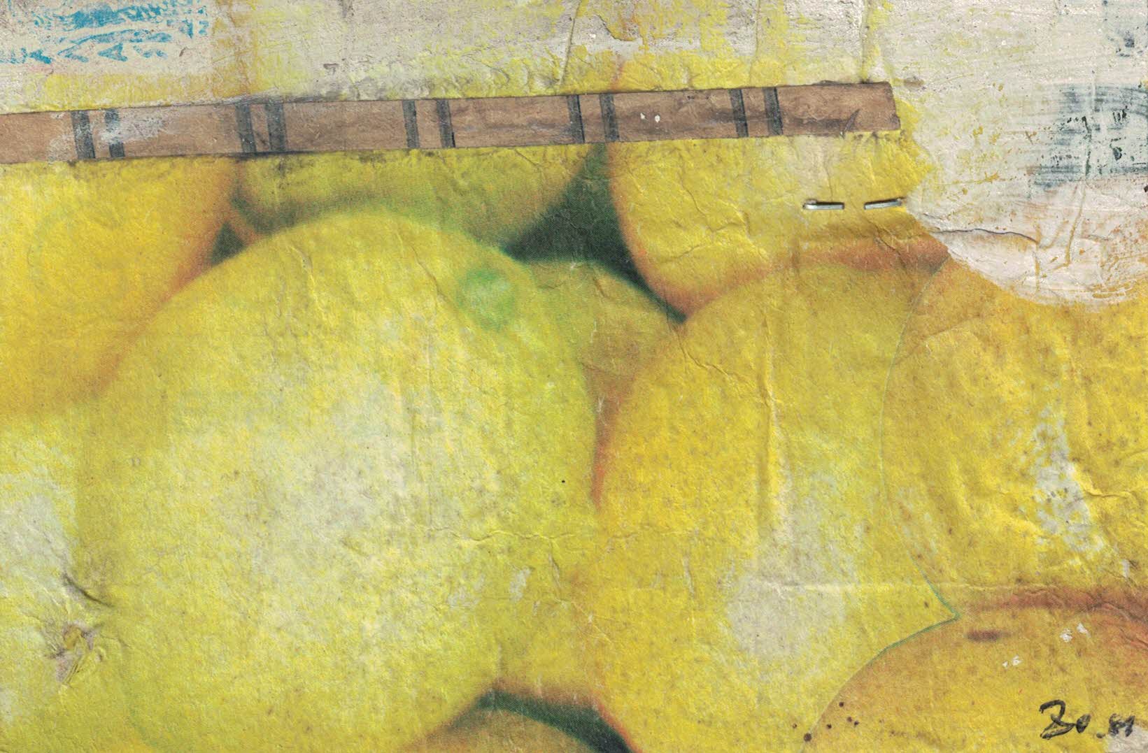 Mail-Art im Postkartenformat mit einem intervenierten Foto von Zitronen als zentrales Element