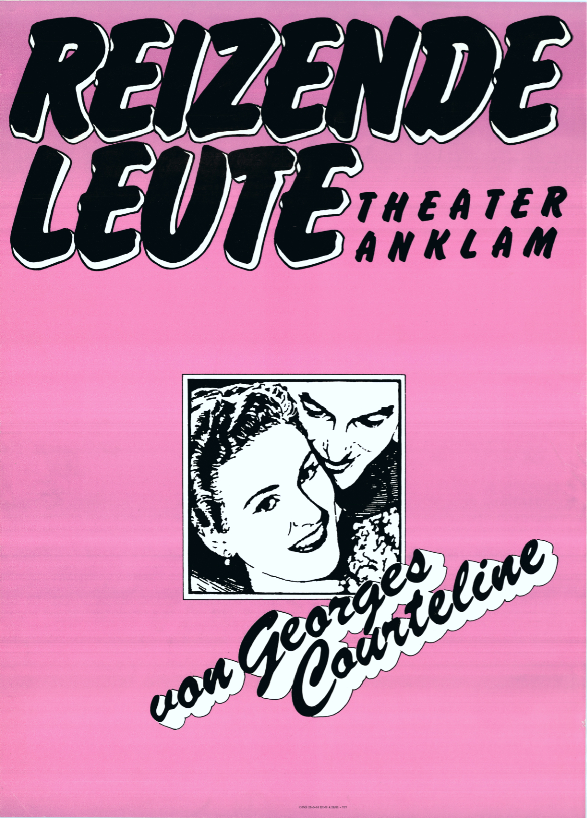 Plakat mit kontrastreicher schwarz-weißer Schrift sowie der Portraitzeichnung eines Paares, Mann und Frau, auf rosafarbigem Untergrund